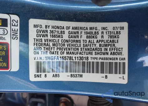 2008 Honda Civic Lx from USA, damaged, VIN 1HGFA16578L113018